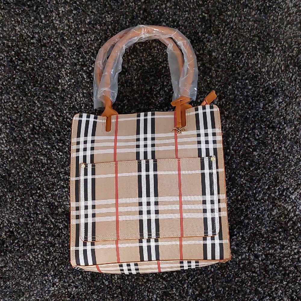 Newberry Tan and Black Plaid Tote Bag with Leather Handles
